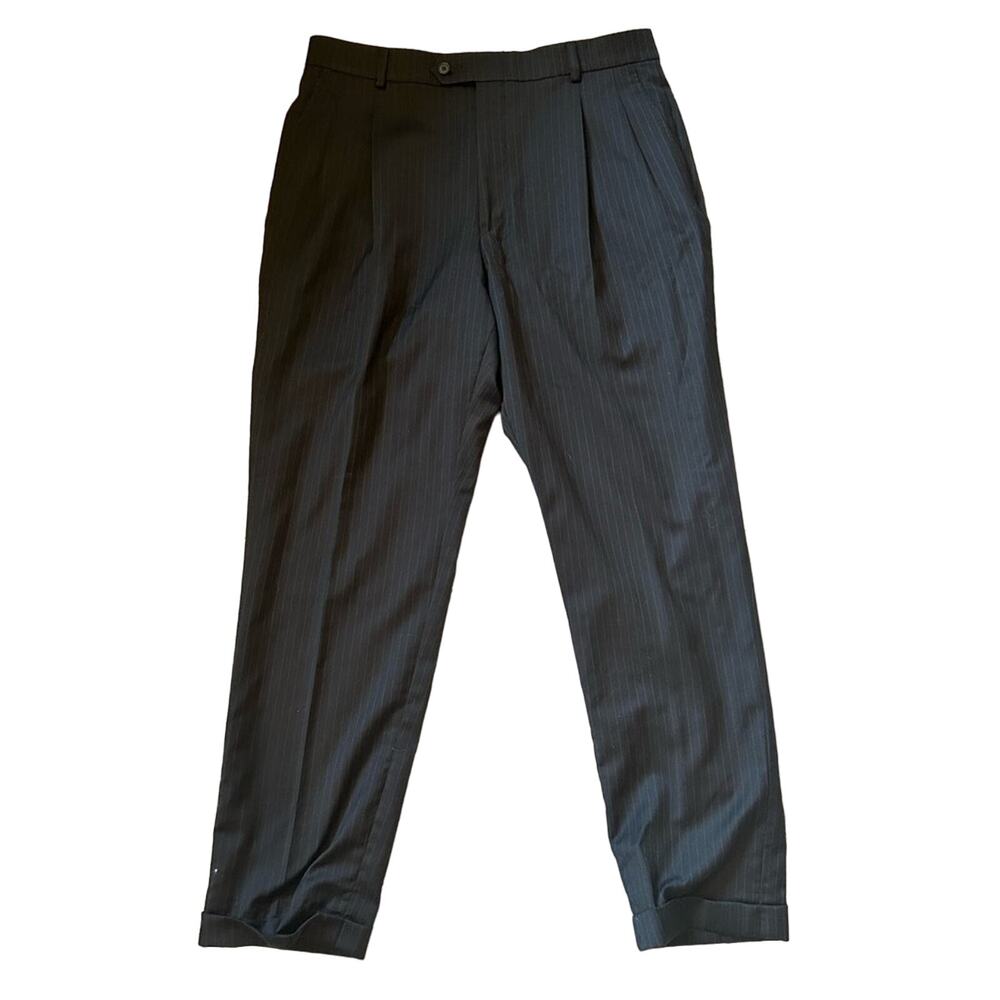 Stafford performance men’s 100% wool dress pants black blue pinstripe size 34x30